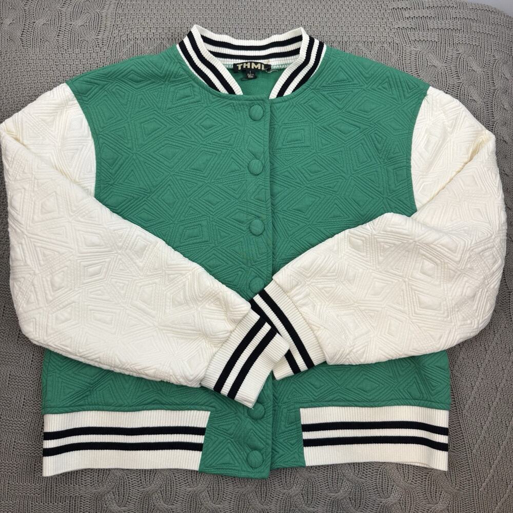 THML Women’s Lainey Quilted Varsity Style Kelly Green & Cream Jacket Size Large
